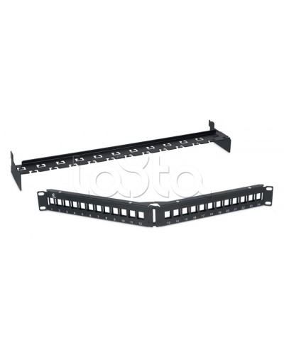 Патч-панель угловая модульная 19, 1U, 24 порта RJ-45, для неэкранированных модулей, с задним кабельным организатором (без модулей) Cabeus PLB-24-CON в Муроме Патч панель Pintop.ru