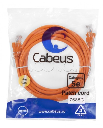 Патч-корд медный U/UTP кат.5е (3м) LSZH (оранжевый) Cabeus (PC-UTP-RJ45-Cat.5e-3m-OR-LSZH) в Муроме Патчкорды (медные) Pintop.ru