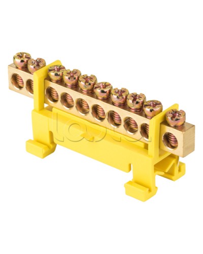 Шина 0 PE (6х9мм) 10 отверстий латунь желтый изолятор тип Стойка на DIN-рейку EKF PROxima (sn0-63-10-sy) в Муроме Клеммные колодки Pintop.ru