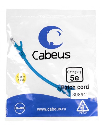 Патч-корд медный U/UTP кат.5е (0,15м) LSZH (синий) Cabeus (PC-UTP-RJ45-Cat.5e-0.15m-BL-LSZH) в Муроме Патчкорды (медные) Pintop.ru