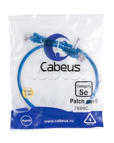 Патч-корд UTP, категория 5e, 0.5 м, неэкранированный, синий Cabeus PC-UTP-RJ45-Cat.5e-0.5m-BL в Муроме Патчкорды (медные) Pintop.ru